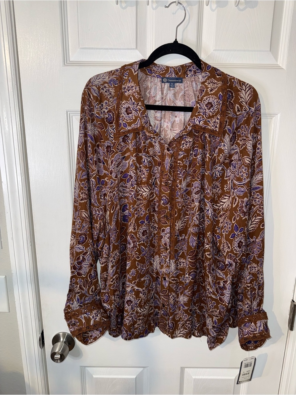 Democracy Women's Long Sleeve Blouse Size 3X Plus Fall Floral Lace Boho Peasant
